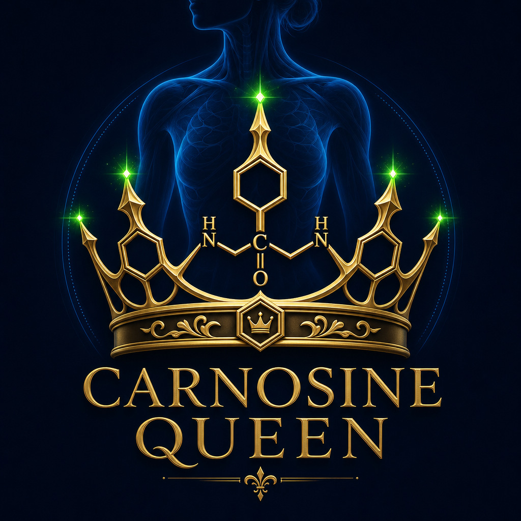 Carnosine Queen crest — gold crown with molecular motifs over a glowing blue anatomical figure